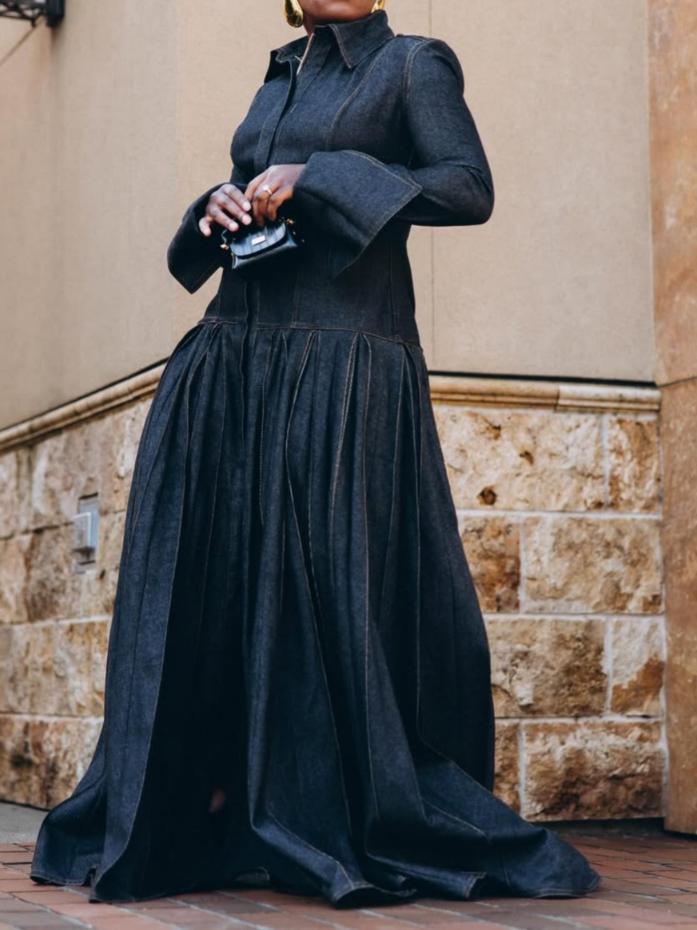 Pleated Flared Denim Dress