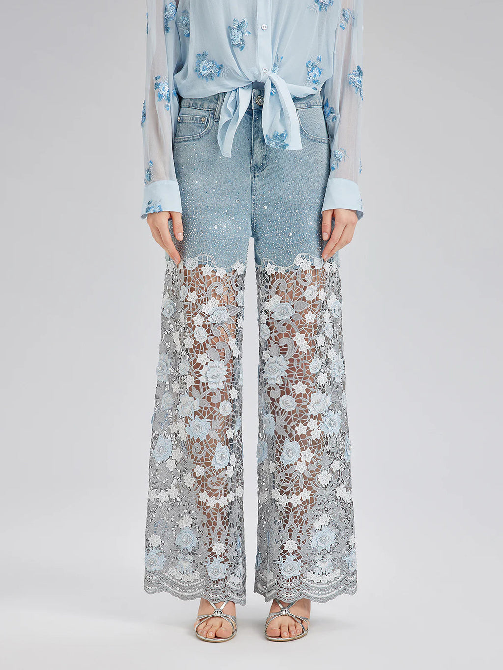 Elegant Rhinestone Lace Denim Jeans