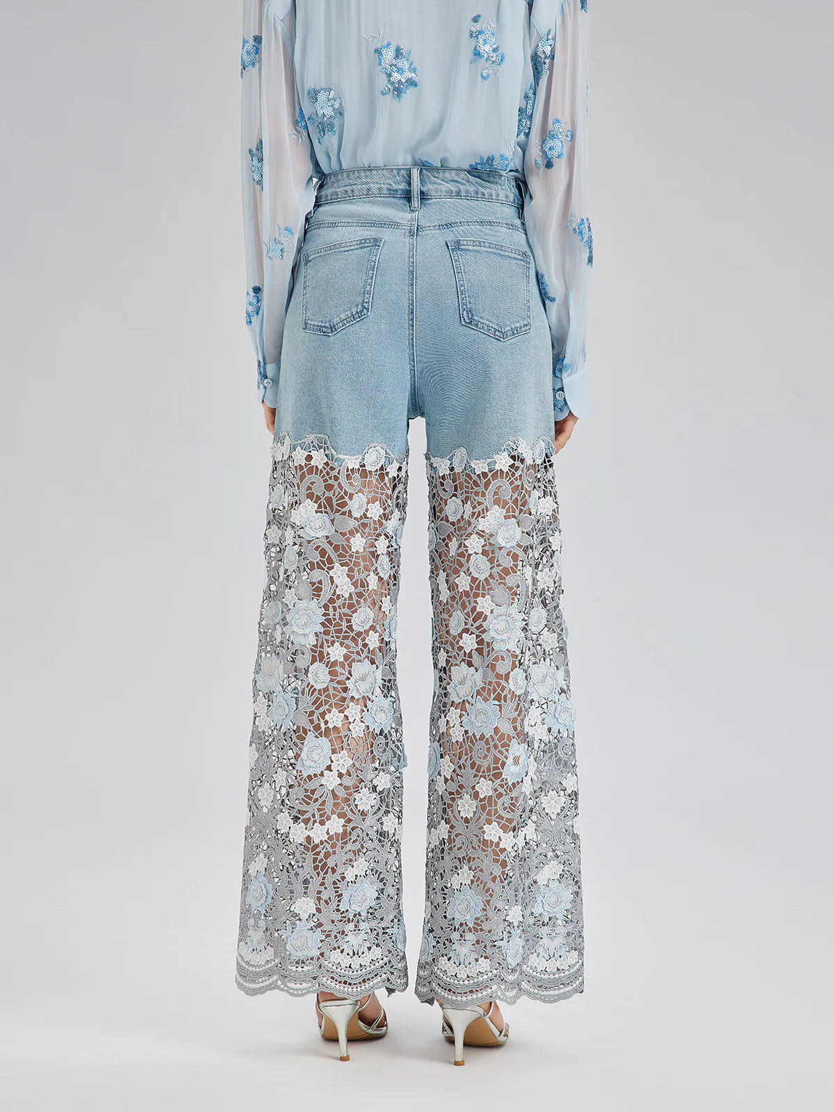 Elegant Rhinestone Lace Denim Jeans