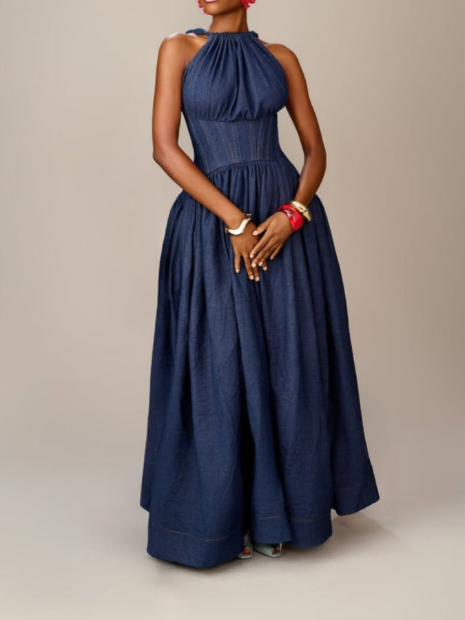 (🎁 Buy 2, free shipping!🔥) Sleeveless Halter-neck Denim Maxi Dress