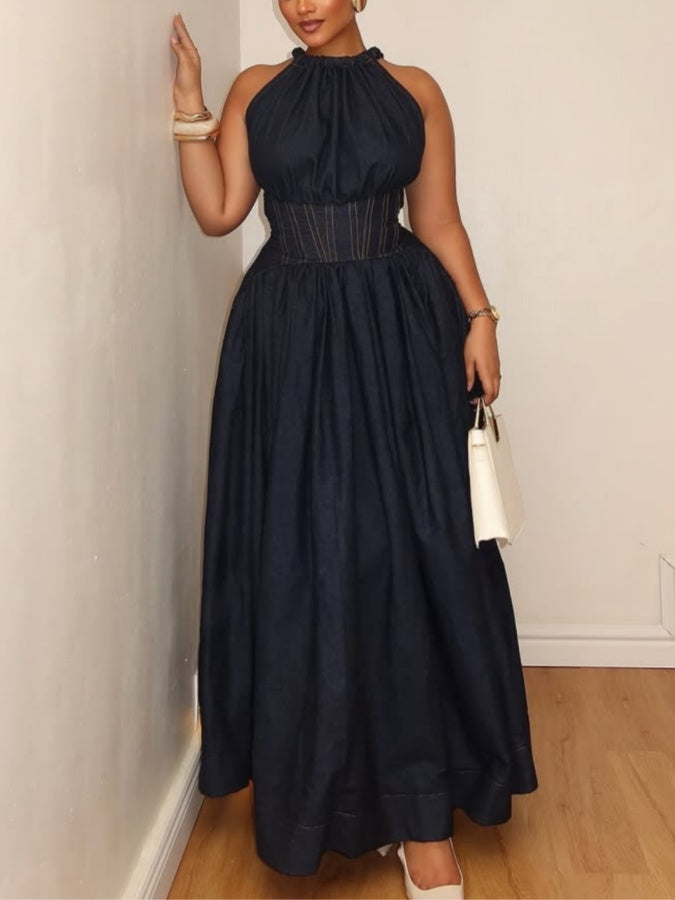 (🎁 Buy 2, free shipping!🔥) Sleeveless Halter-neck Denim Maxi Dress