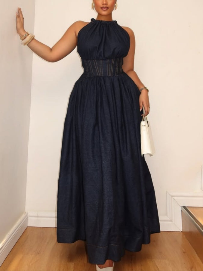 (🎁 Buy 2, free shipping!🔥) Sleeveless Halter-neck Denim Maxi Dress
