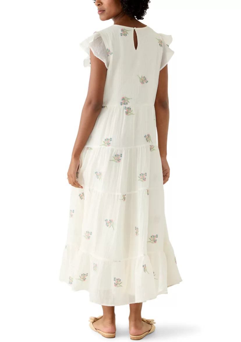 Women's Short Flutter Sleeve Embroidered Midi Dress