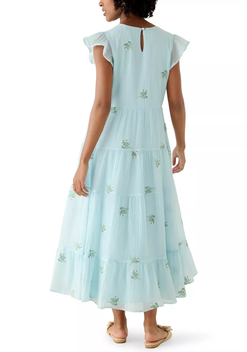 Women's Short Flutter Sleeve Embroidered Midi Dress