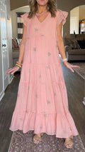 Women's Short Flutter Sleeve Embroidered Midi Dress
