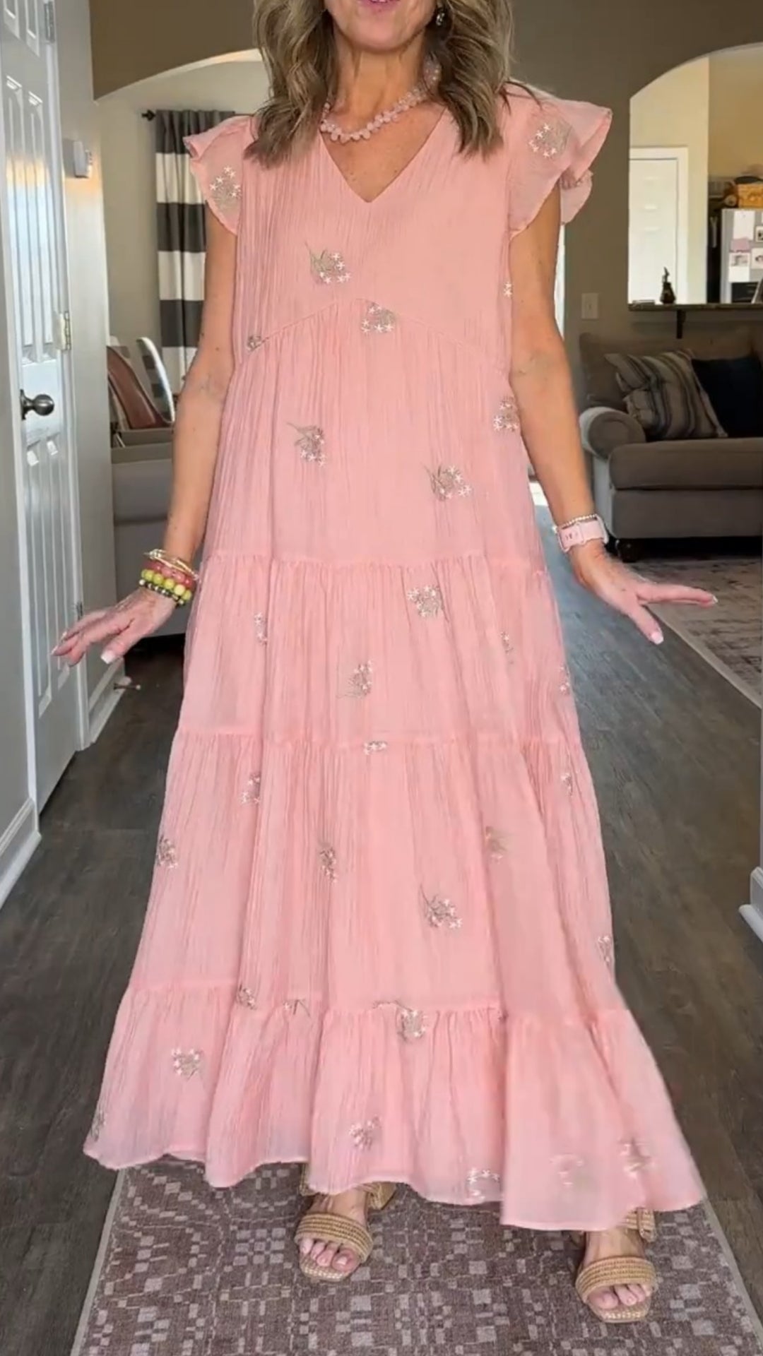 Women's Short Flutter Sleeve Embroidered Midi Dress