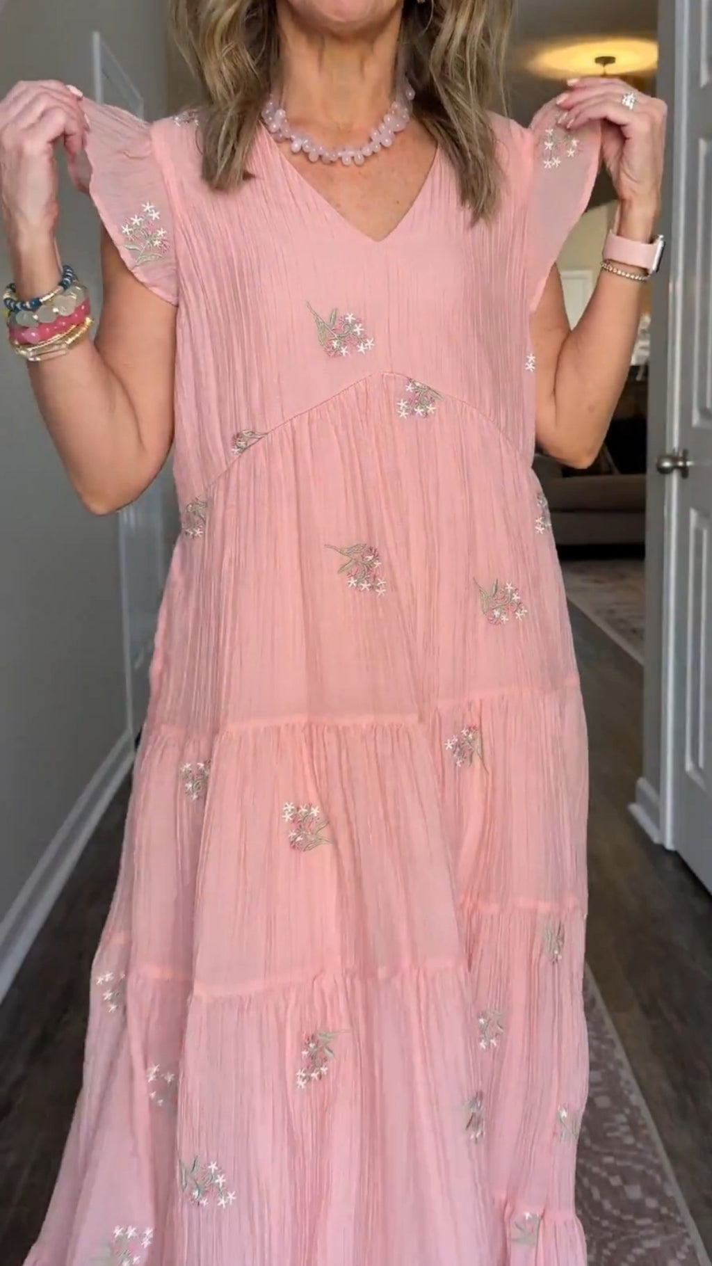Women's Short Flutter Sleeve Embroidered Midi Dress