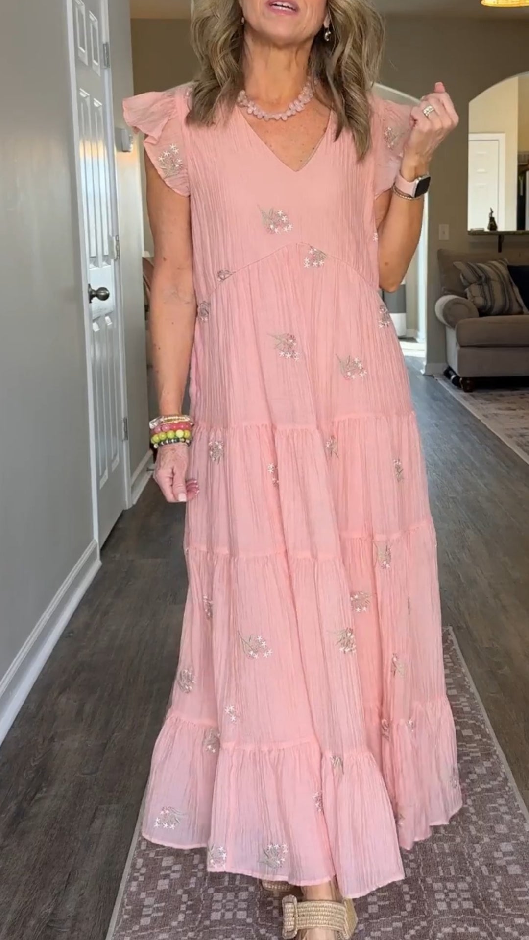 Women's Short Flutter Sleeve Embroidered Midi Dress