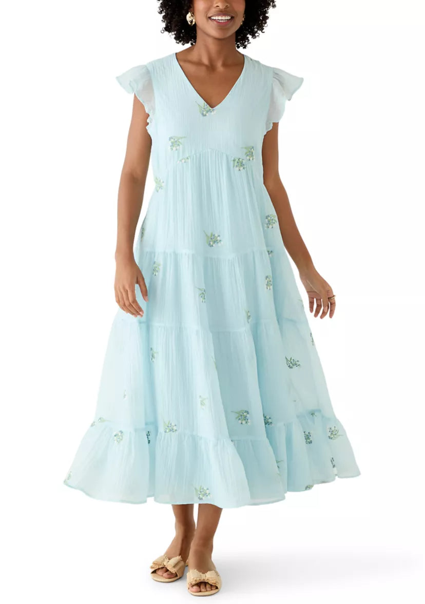 Women's Short Flutter Sleeve Embroidered Midi Dress