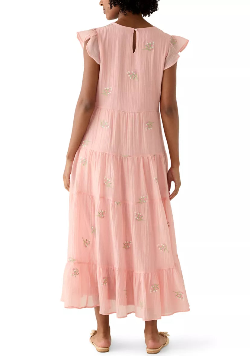 Women's Short Flutter Sleeve Embroidered Midi Dress