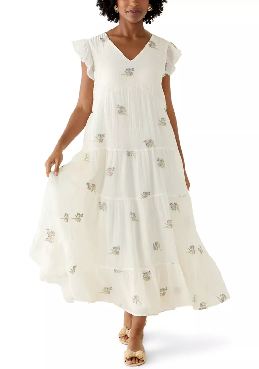 Women's Short Flutter Sleeve Embroidered Midi Dress