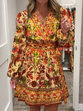 Floral Print Deep V-Neck Long Bubble Sleeve Tiered A-Line Mini Dress