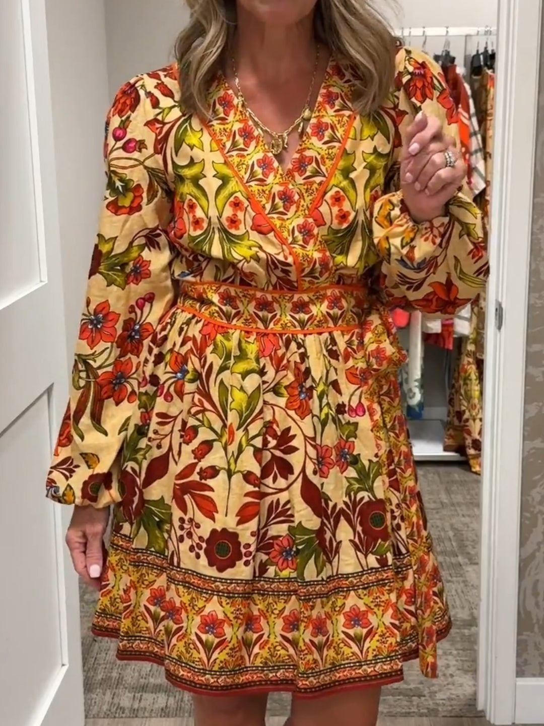 Floral Print Deep V-Neck Long Bubble Sleeve Tiered A-Line Mini Dress