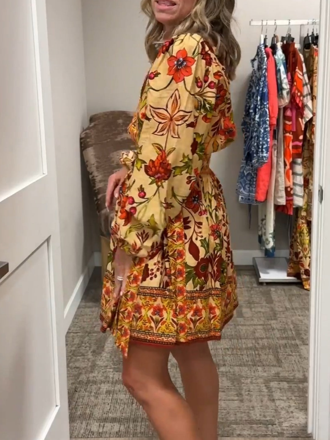 Floral Print Deep V-Neck Long Bubble Sleeve Tiered A-Line Mini Dress
