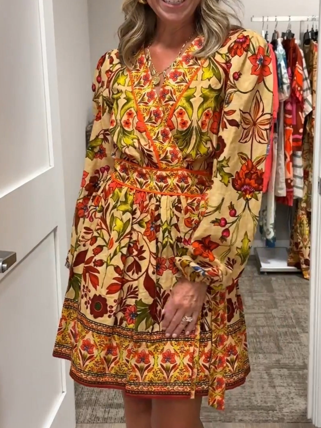 Floral Print Deep V-Neck Long Bubble Sleeve Tiered A-Line Mini Dress