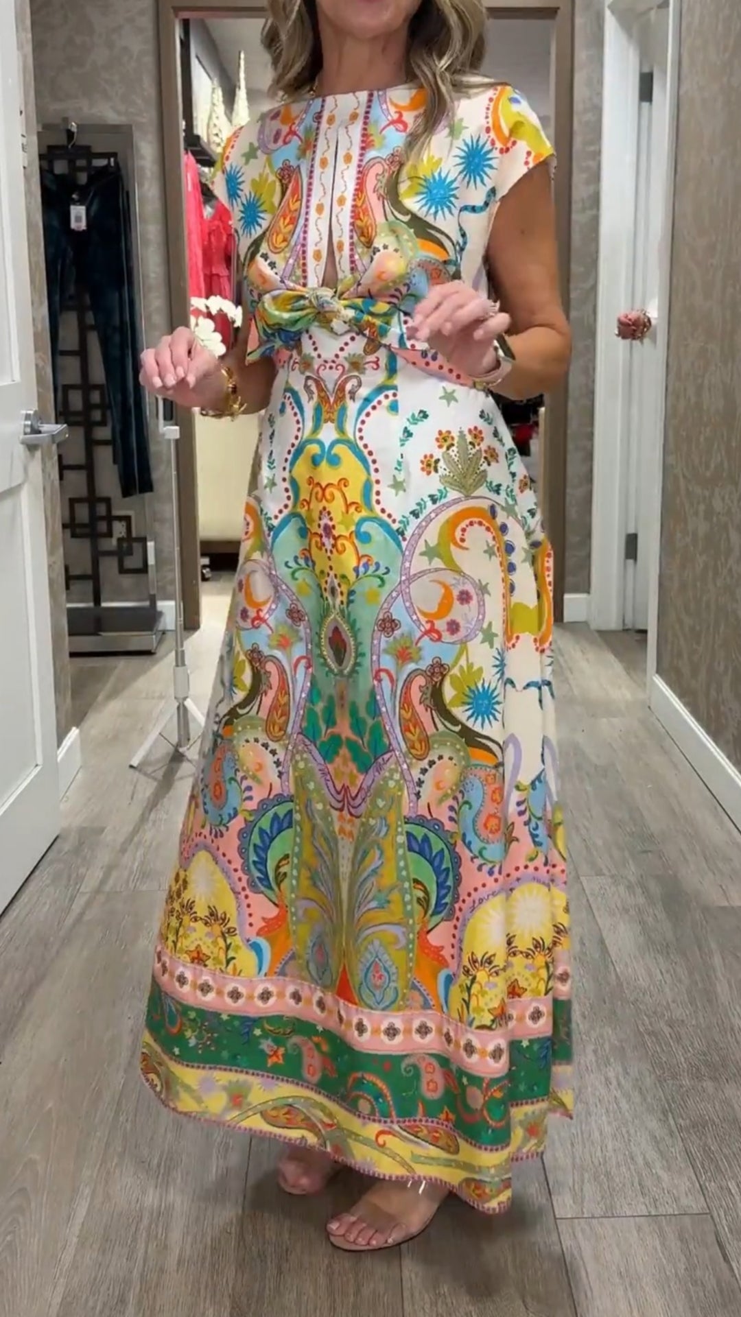 Cotton Sateen Print Short Sleeve Keyhole Maxi Dress