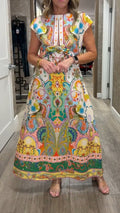 Cotton Sateen Print Short Sleeve Keyhole Maxi Dress