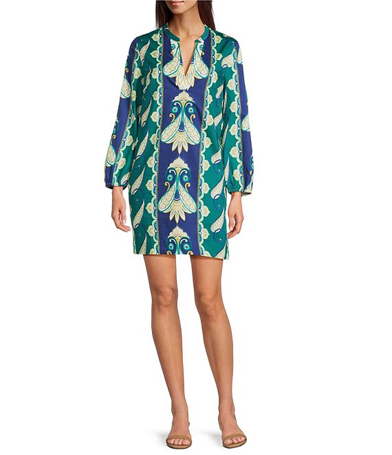 Cabana Foulard Print Split V-Neck Bracelet Sleeve Shift Dress