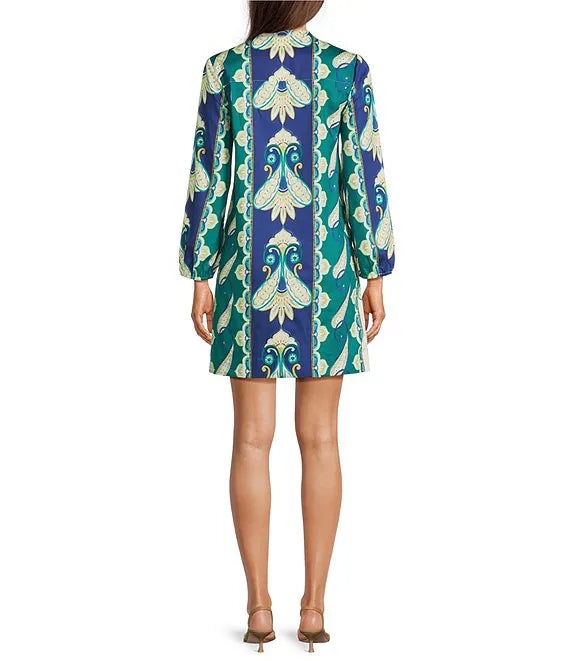 Cabana Foulard Print Split V-Neck Bracelet Sleeve Shift Dress