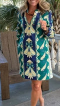 Cabana Foulard Print Split V-Neck Bracelet Sleeve Shift Dress