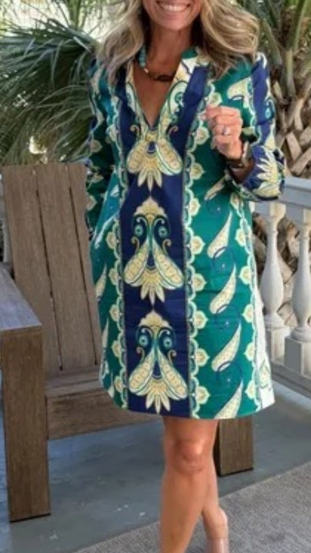 Cabana Foulard Print Split V-Neck Bracelet Sleeve Shift Dress