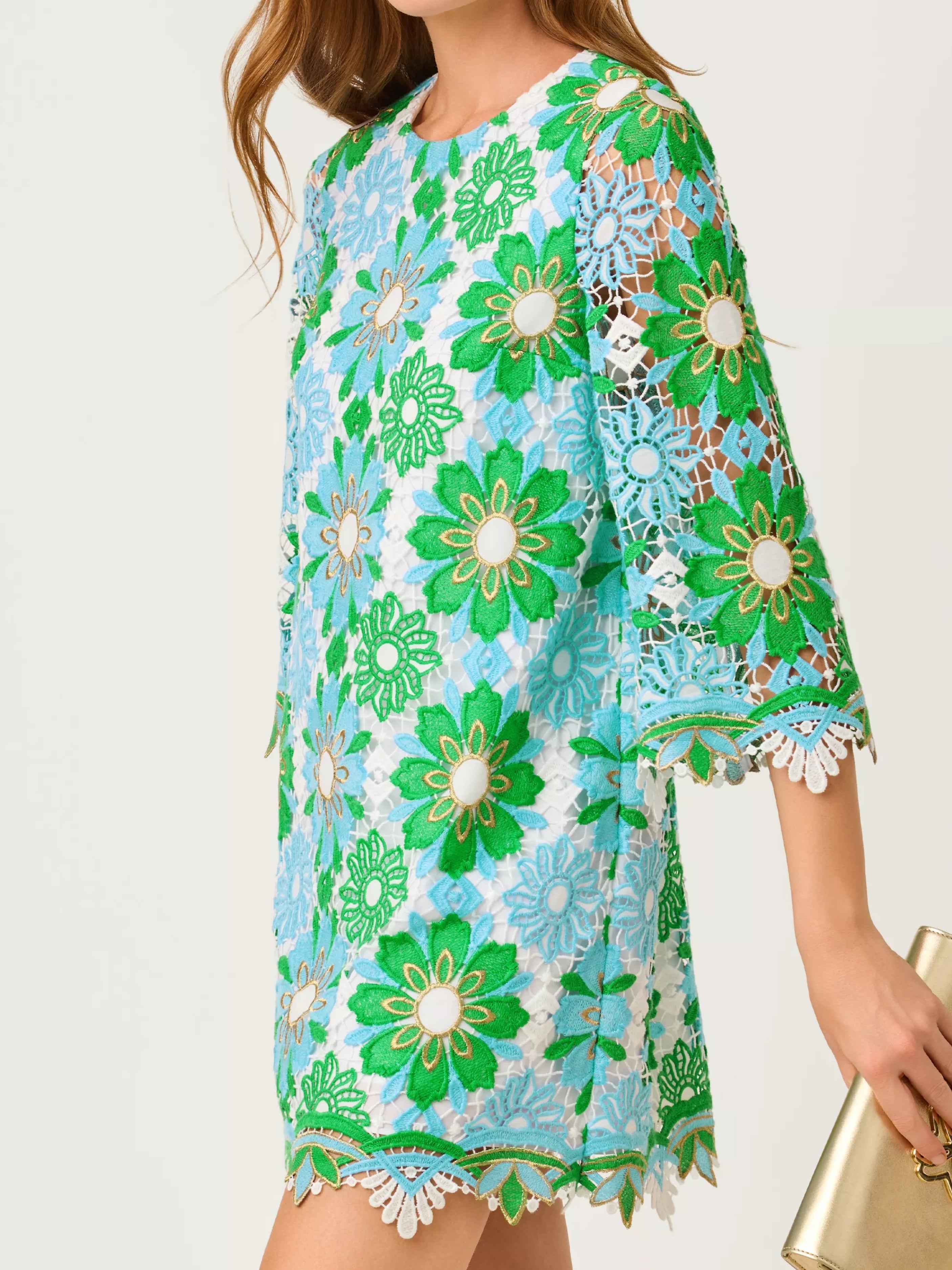 Jouri Sunshine Tile Lace Crew Neck 3/4 Sleeve Dress