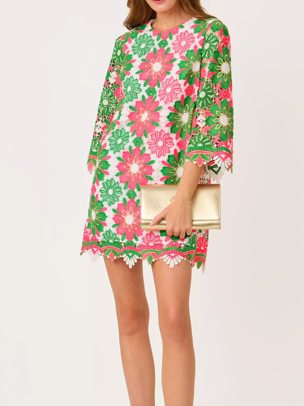 Jouri Sunshine Tile Lace Crew Neck 3/4 Sleeve Dress