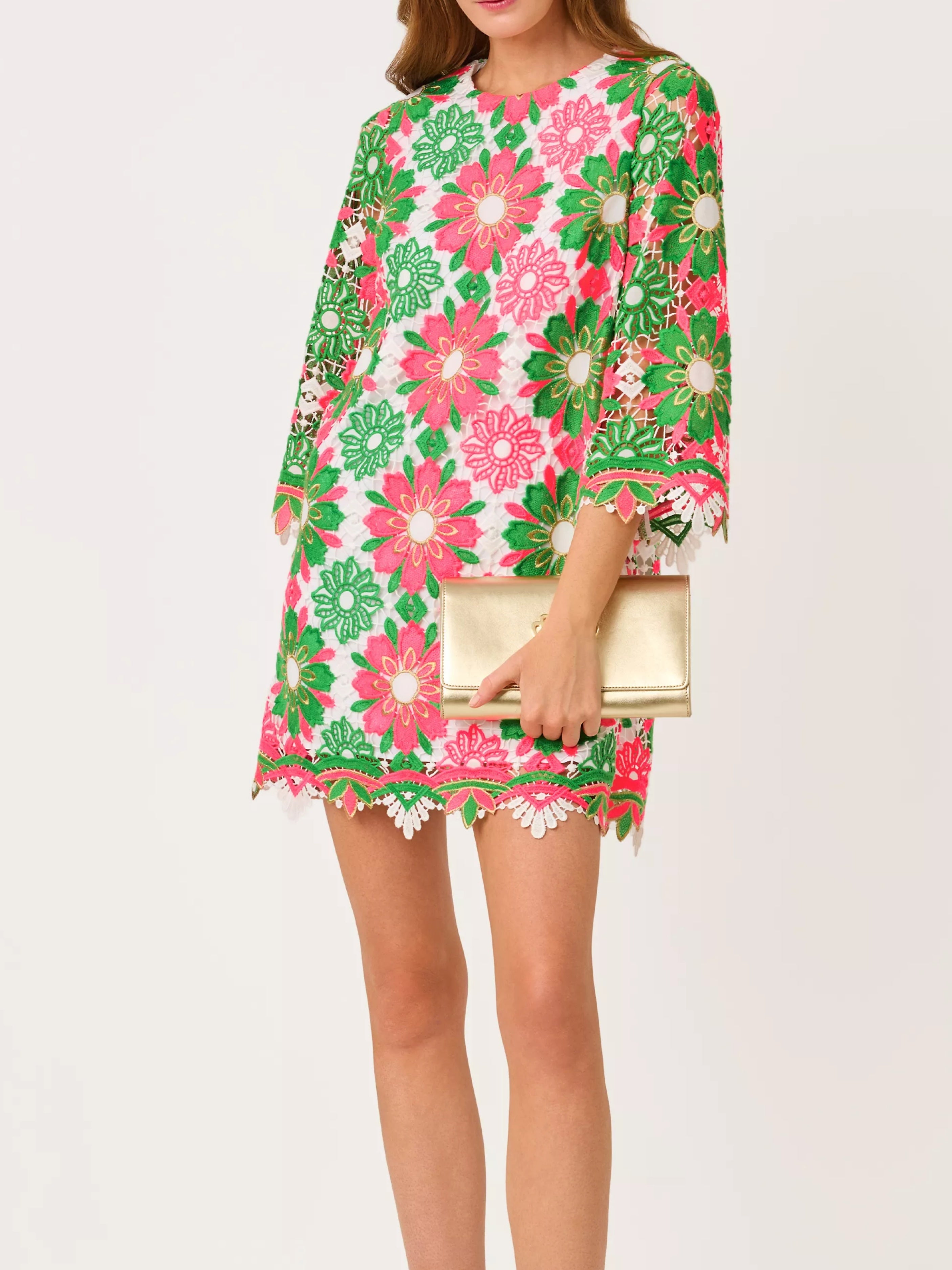 Jouri Sunshine Tile Lace Crew Neck 3/4 Sleeve Dress