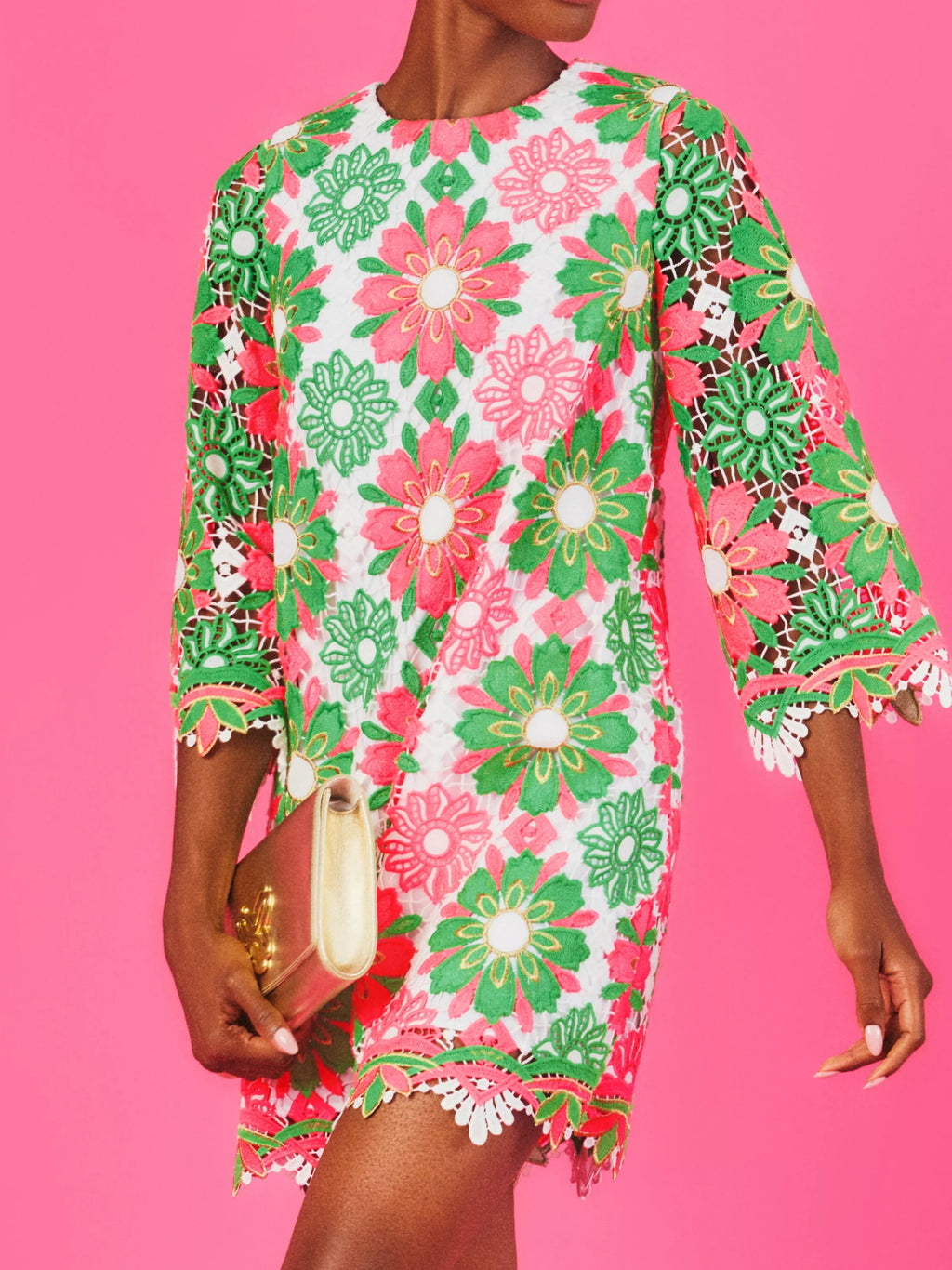 Jouri Sunshine Tile Lace Crew Neck 3/4 Sleeve Dress