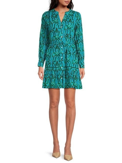 Print V-Neck Long Sleeve Button Front Mini Dress