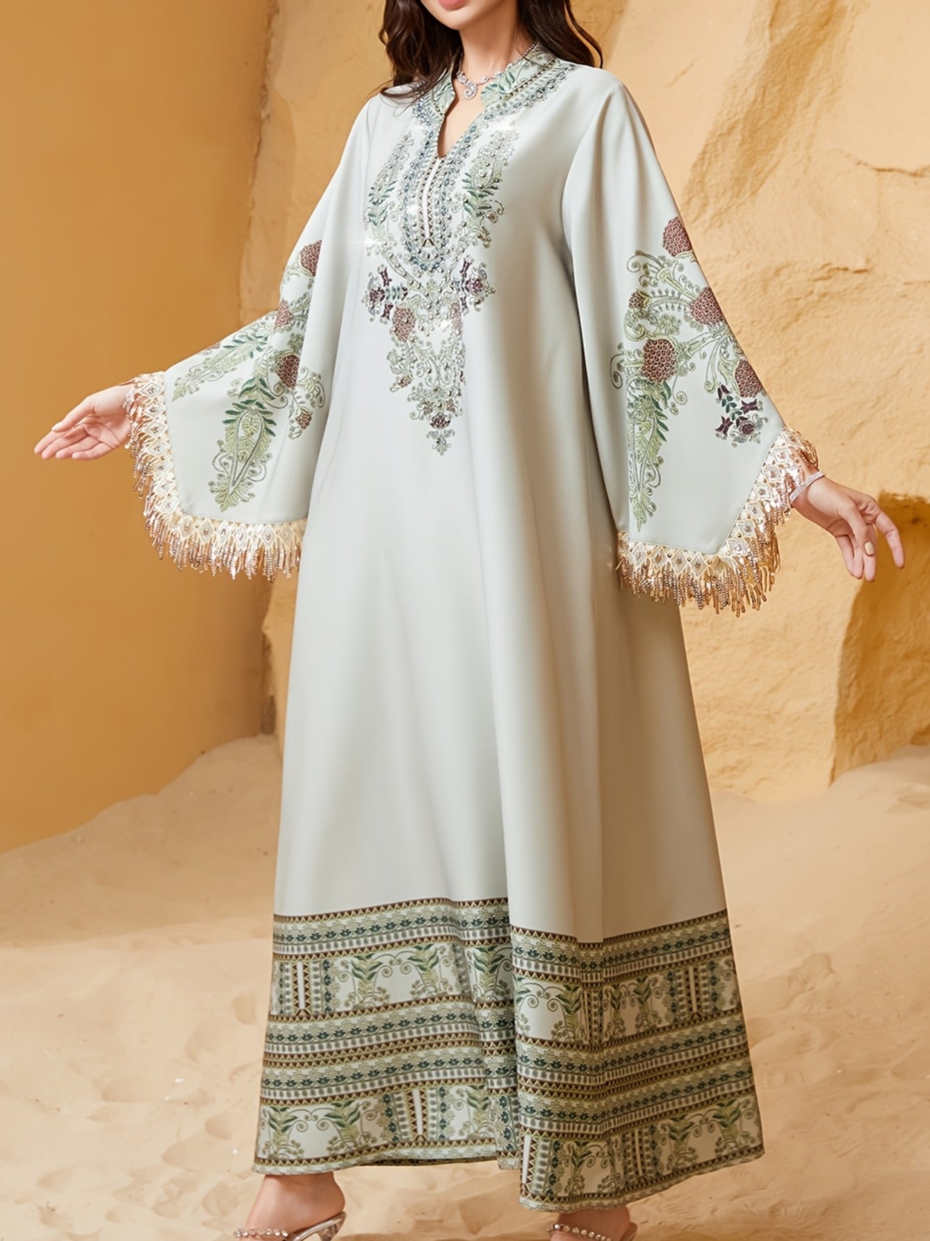 Elegant Floral Print Dress With Fringe Hem