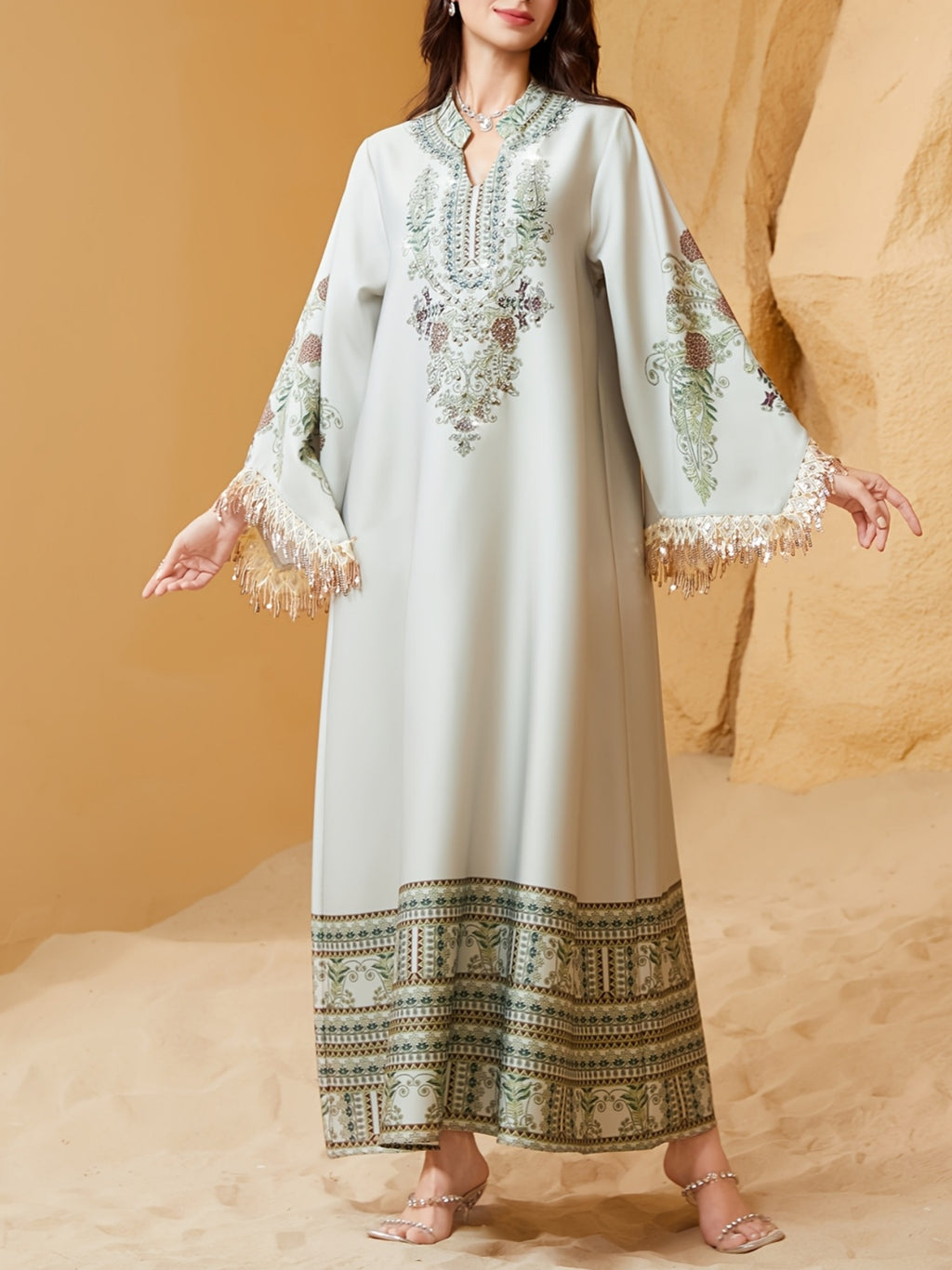 Elegant Floral Print Dress With Fringe Hem