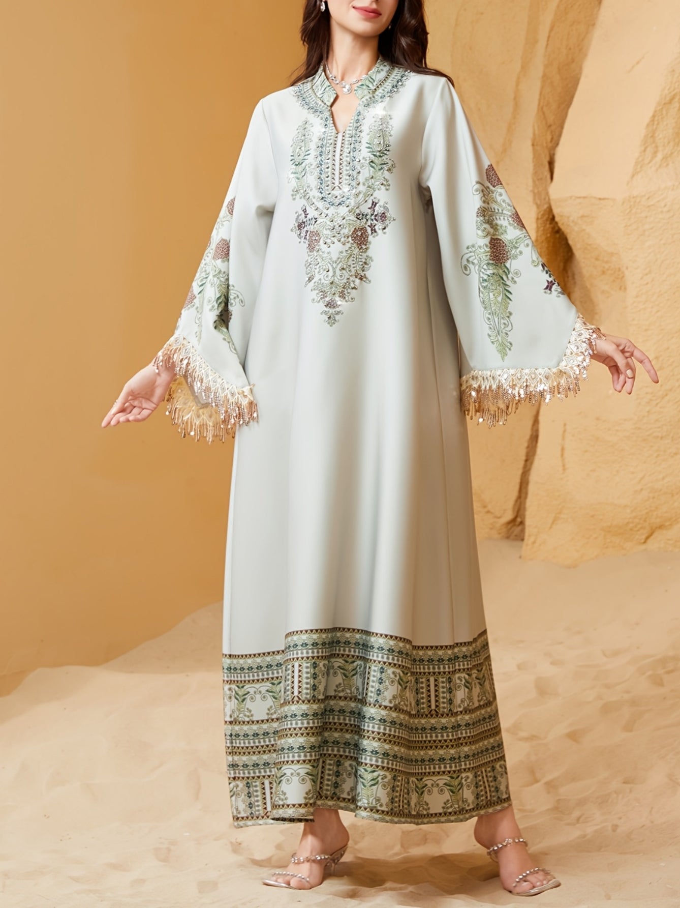 Elegant Floral Print Dress With Fringe Hem