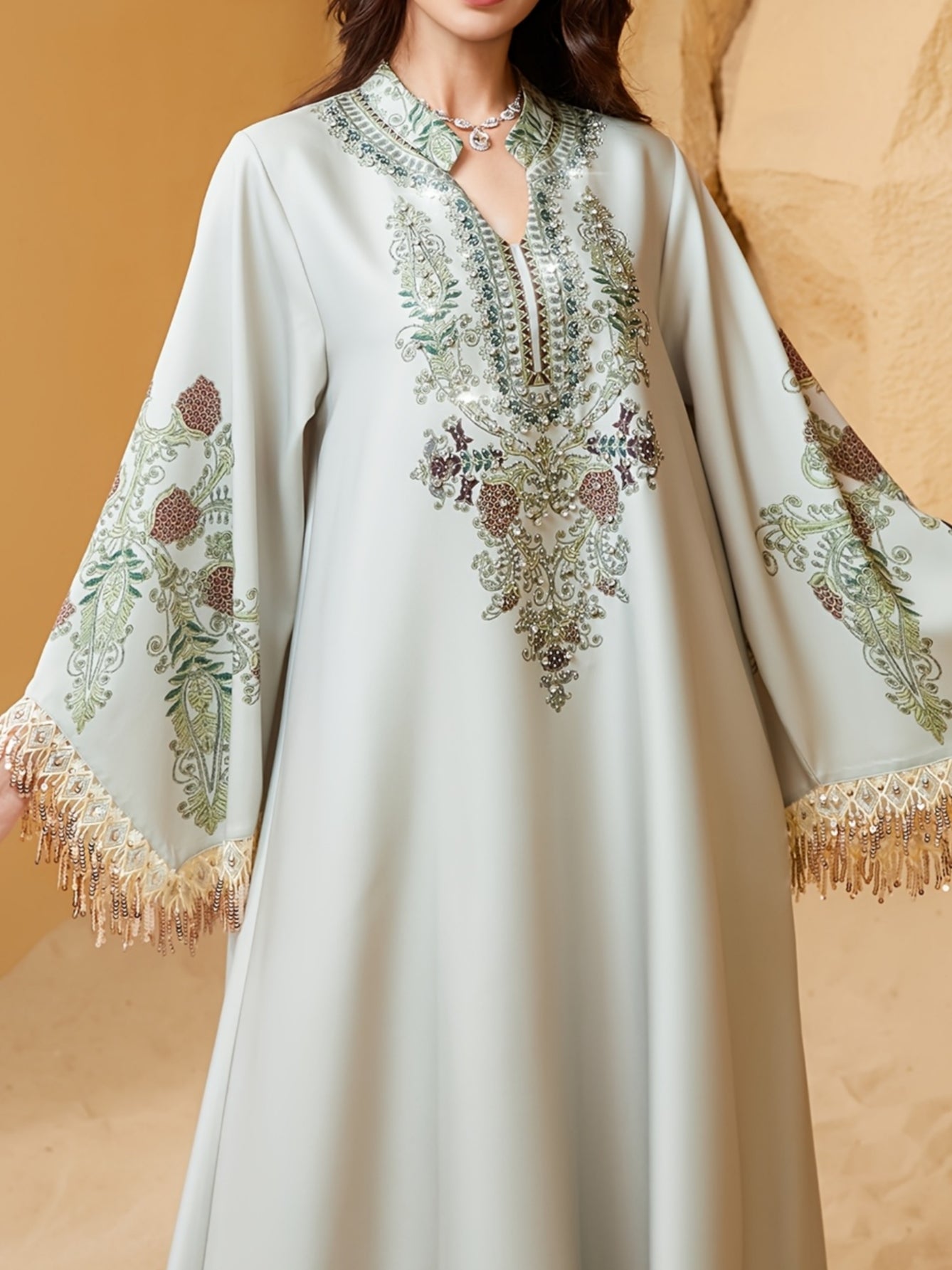 Elegant Floral Print Dress With Fringe Hem