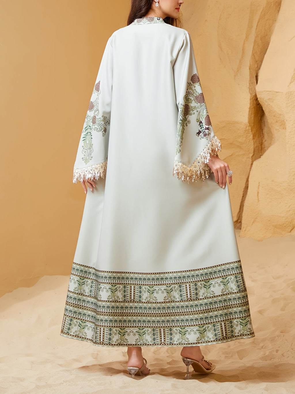 Elegant Floral Print Dress With Fringe Hem