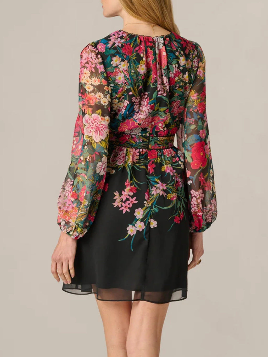 Long Sleeve Wildflower Print Short Dress In Black Multi