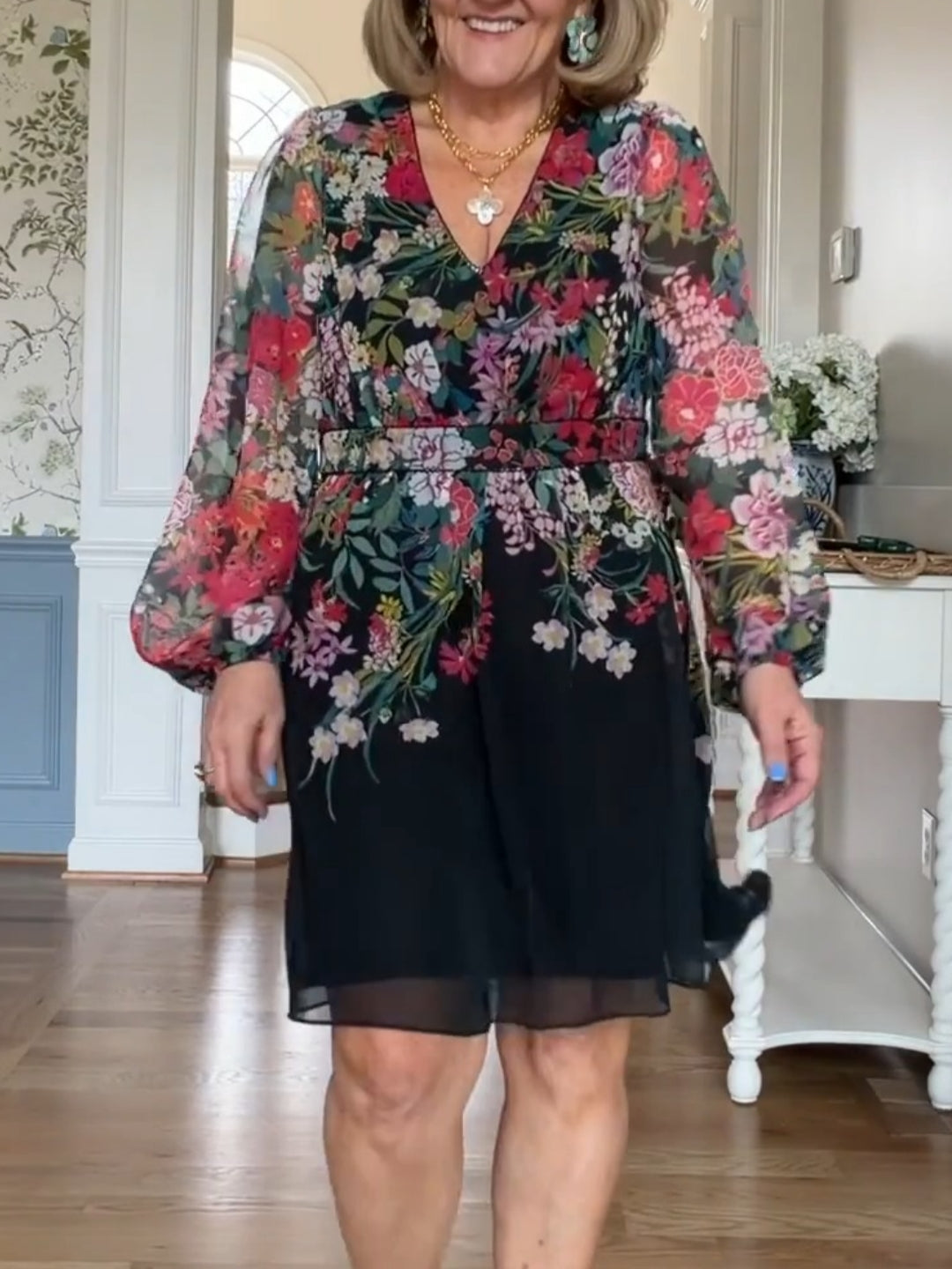Long Sleeve Wildflower Print Short Dress In Black Multi