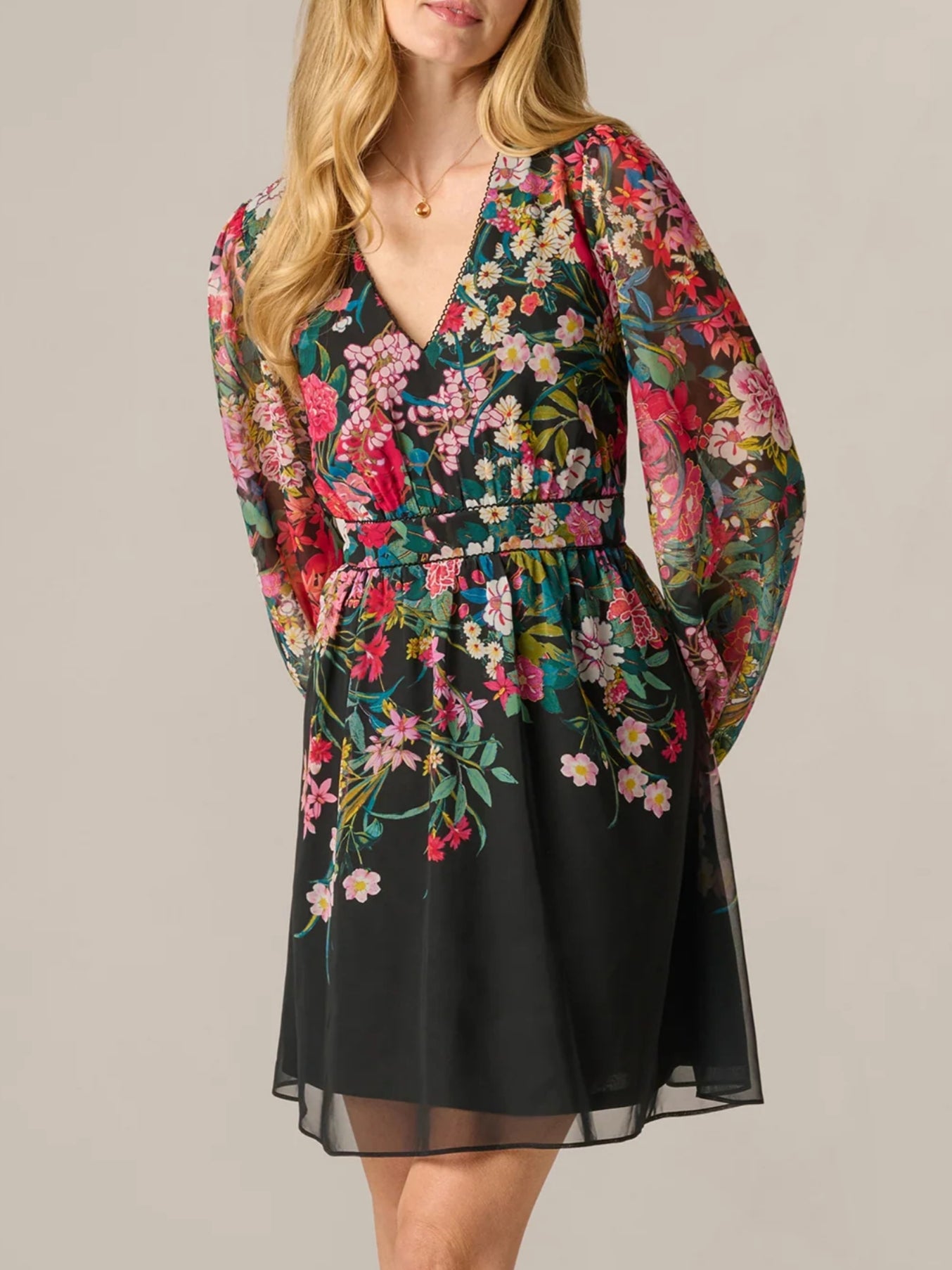 Long Sleeve Wildflower Print Short Dress In Black Multi