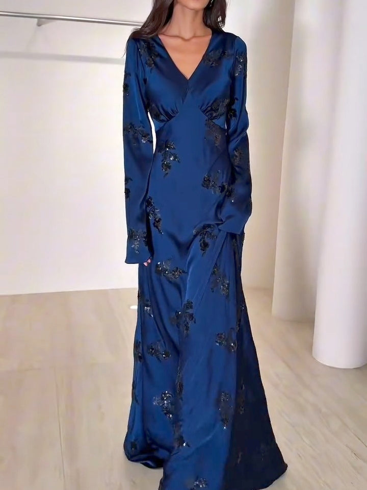 V-neckline Satin Maxi Dress