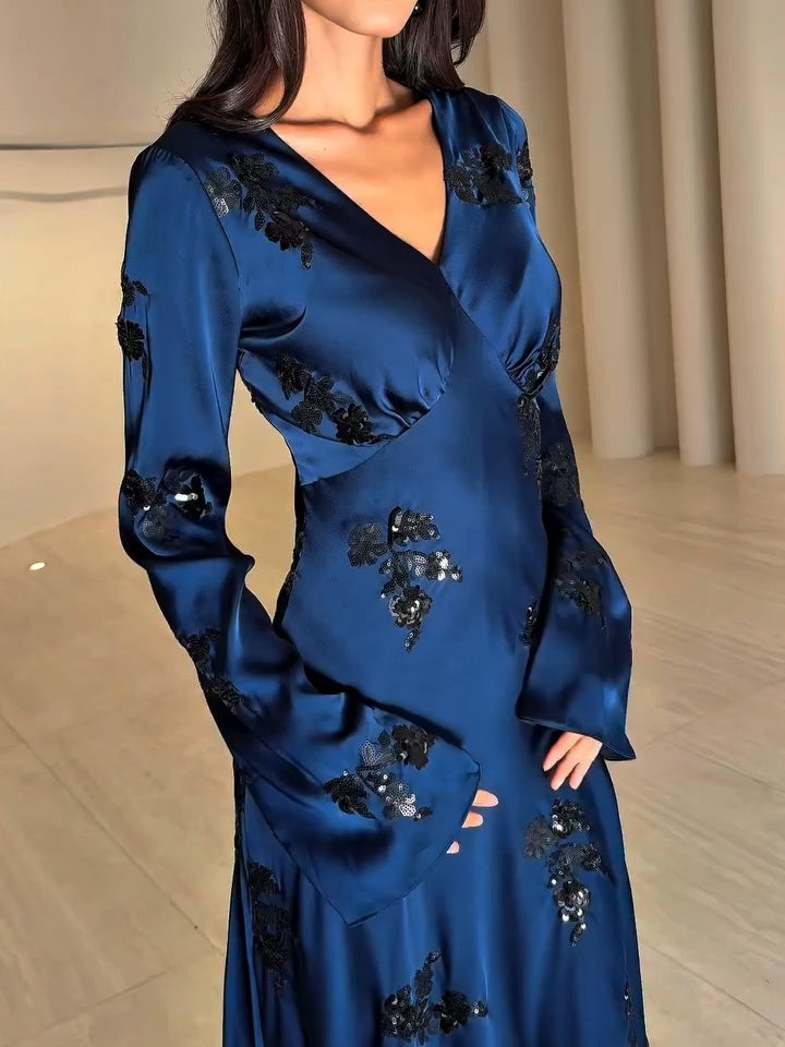 V-neckline Satin Maxi Dress