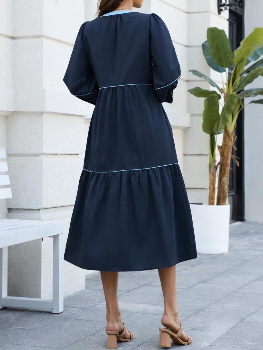 3/4 Puff Sleeves Button Front Maxi Dress