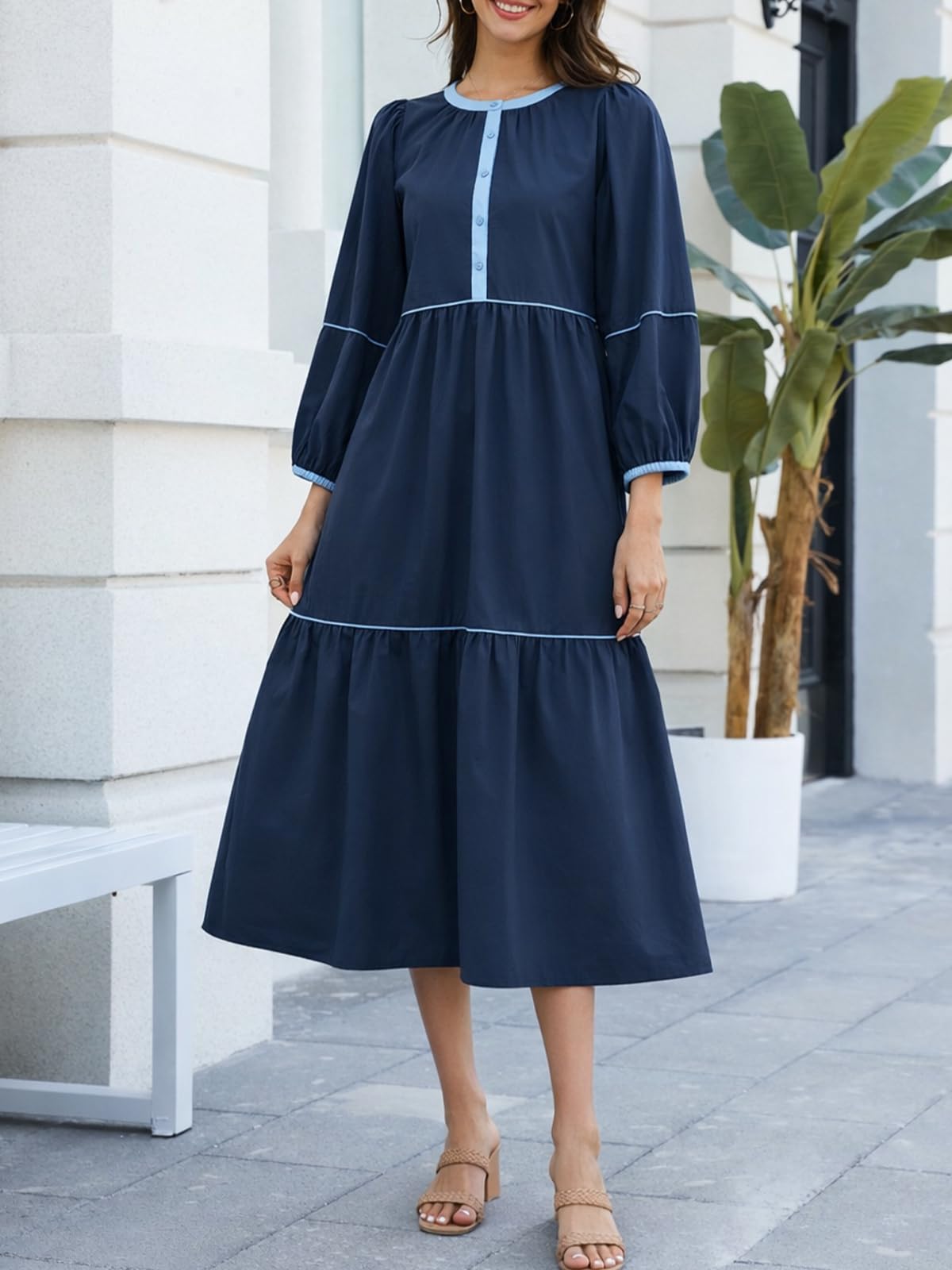3/4 Puff Sleeves Button Front Maxi Dress