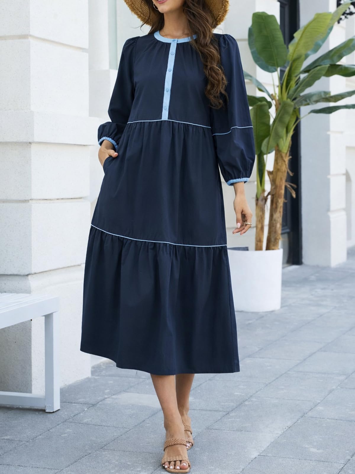 3/4 Puff Sleeves Button Front Maxi Dress