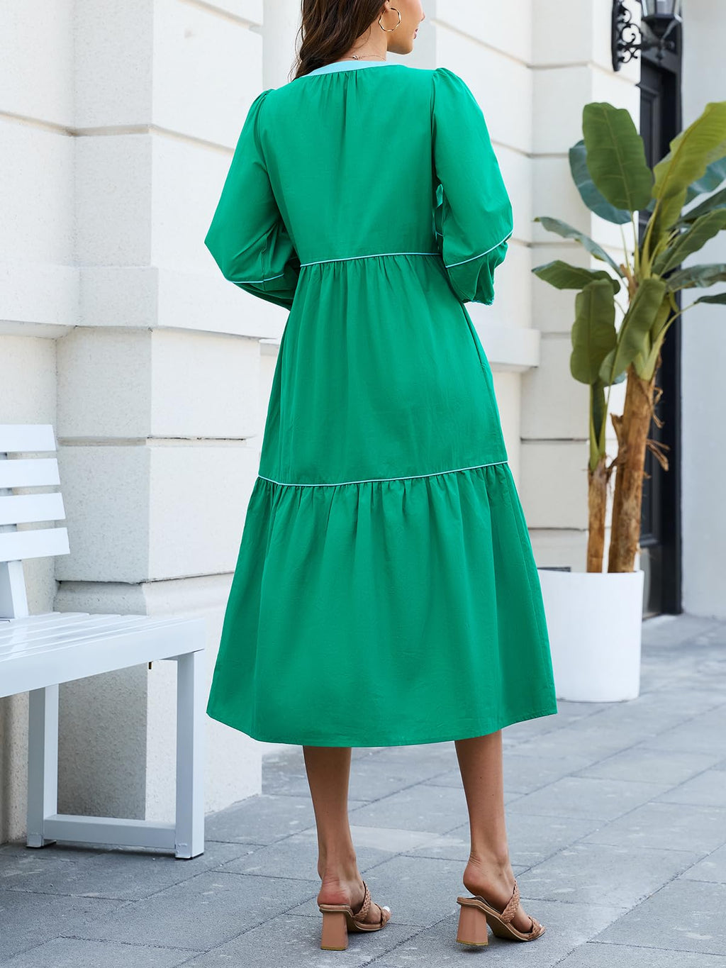 3/4 Puff Sleeves Button Front Maxi Dress
