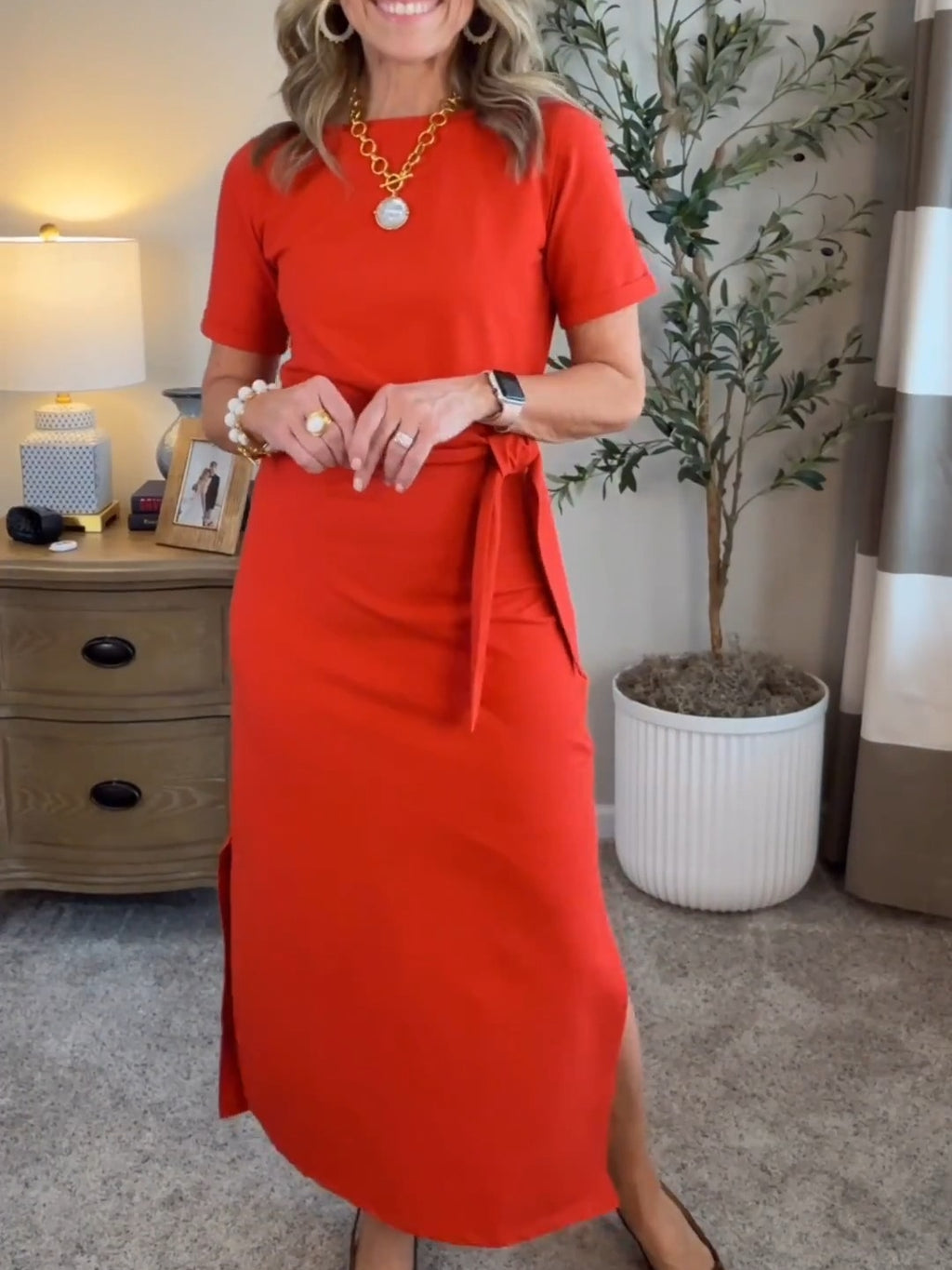 Short Sleeve Knot-Waist Midi Dress