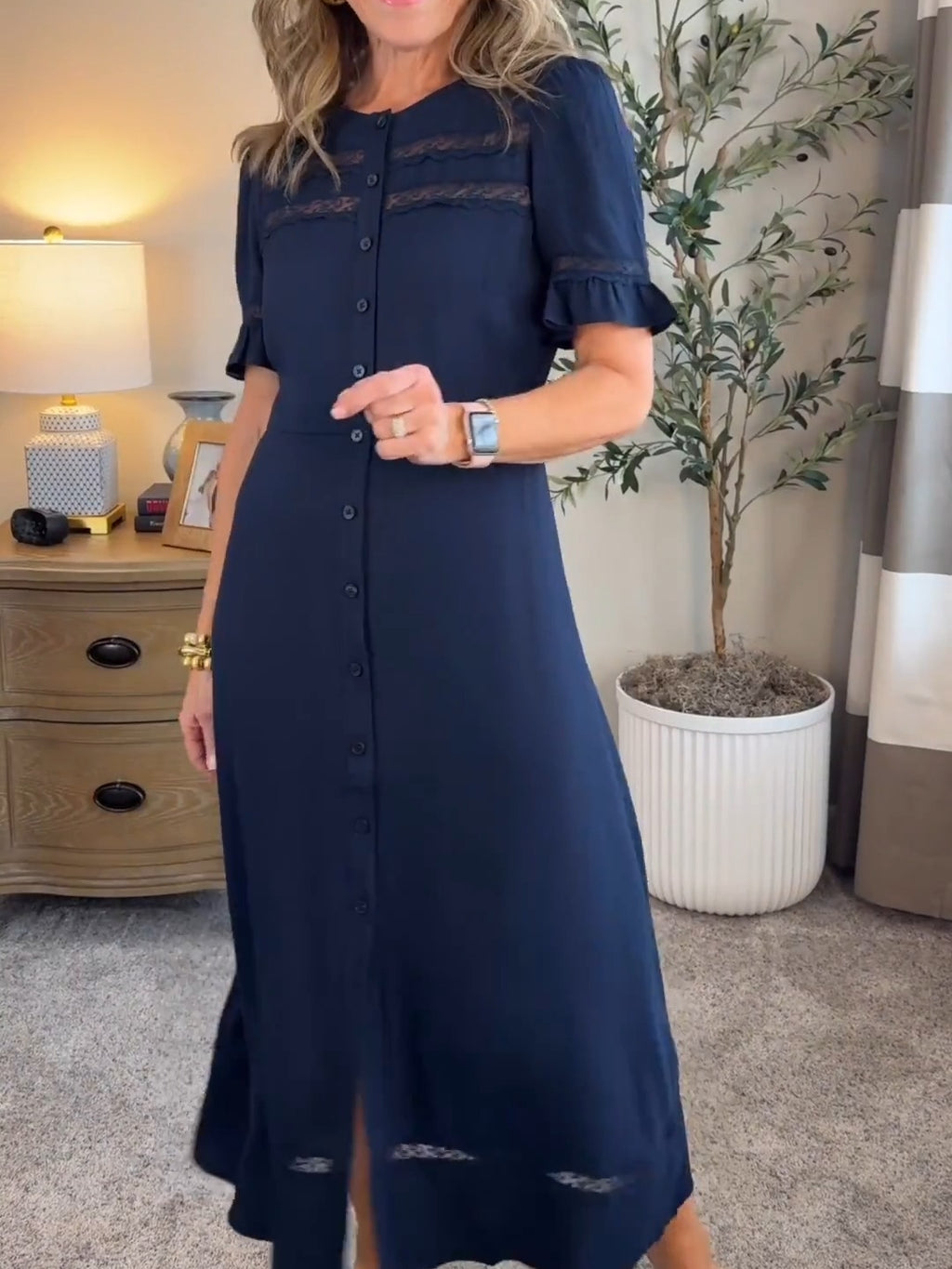 Lightweight Crepe Lace Inset Midi Dress
