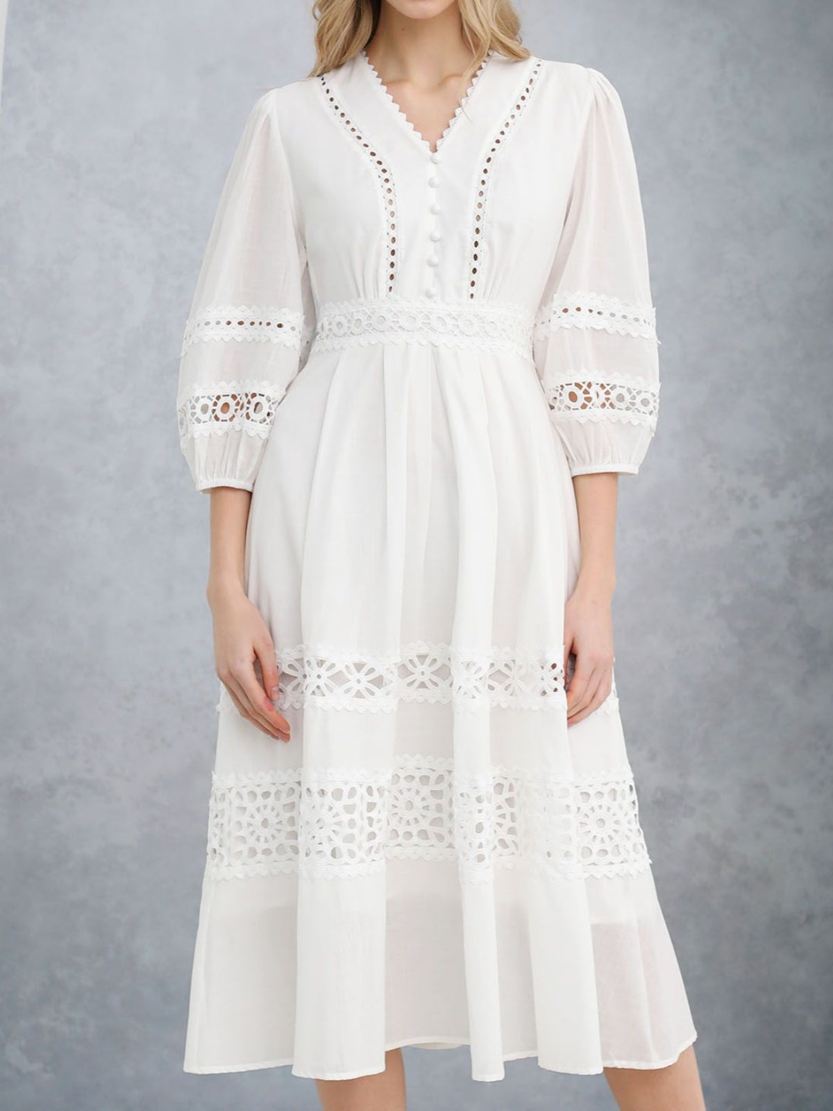Cutwork Crochet Puff Sleeve Midi Dress