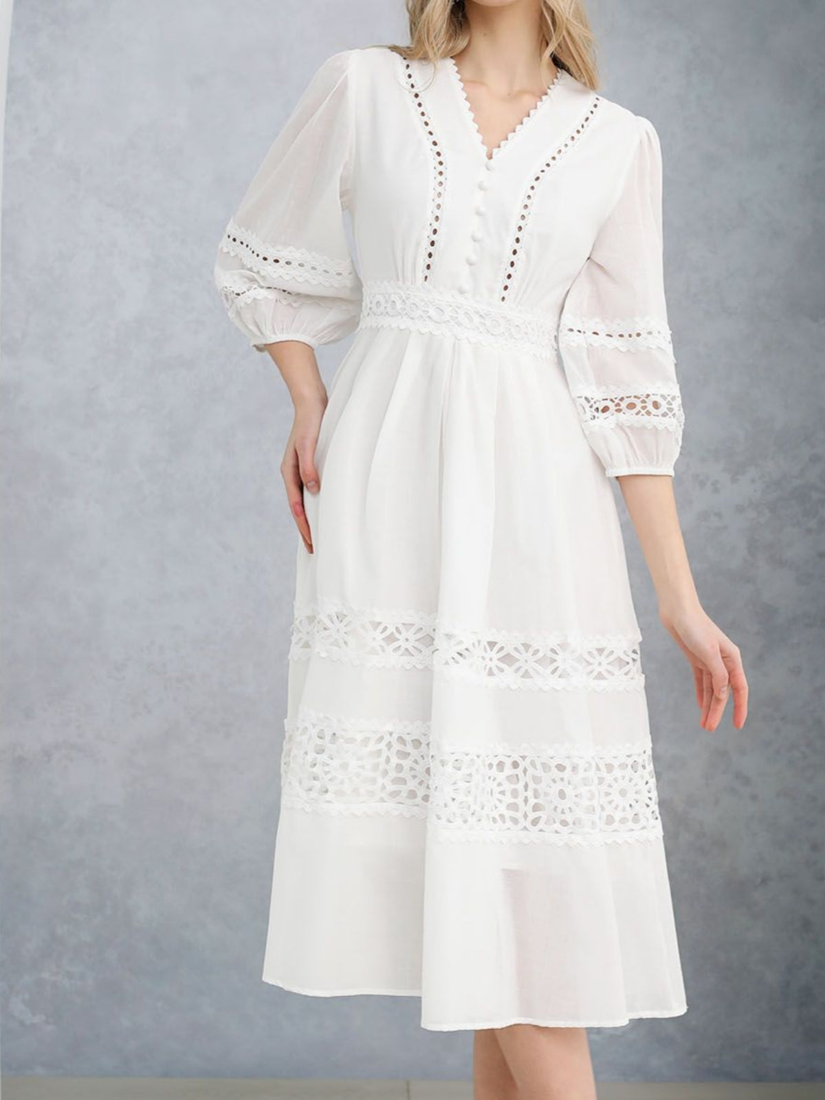 Cutwork Crochet Puff Sleeve Midi Dress