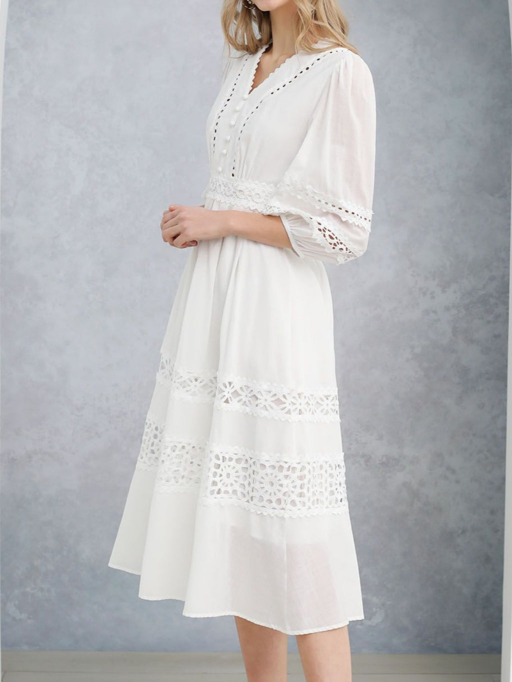 Cutwork Crochet Puff Sleeve Midi Dress