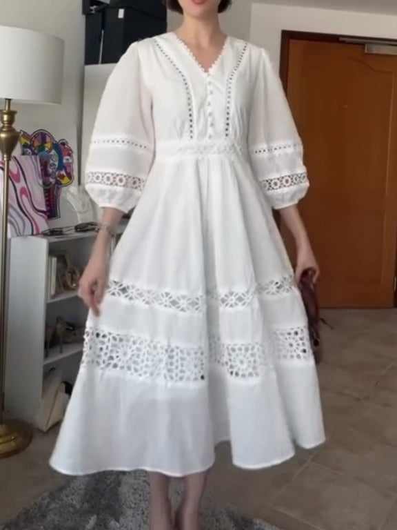 Cutwork Crochet Puff Sleeve Midi Dress